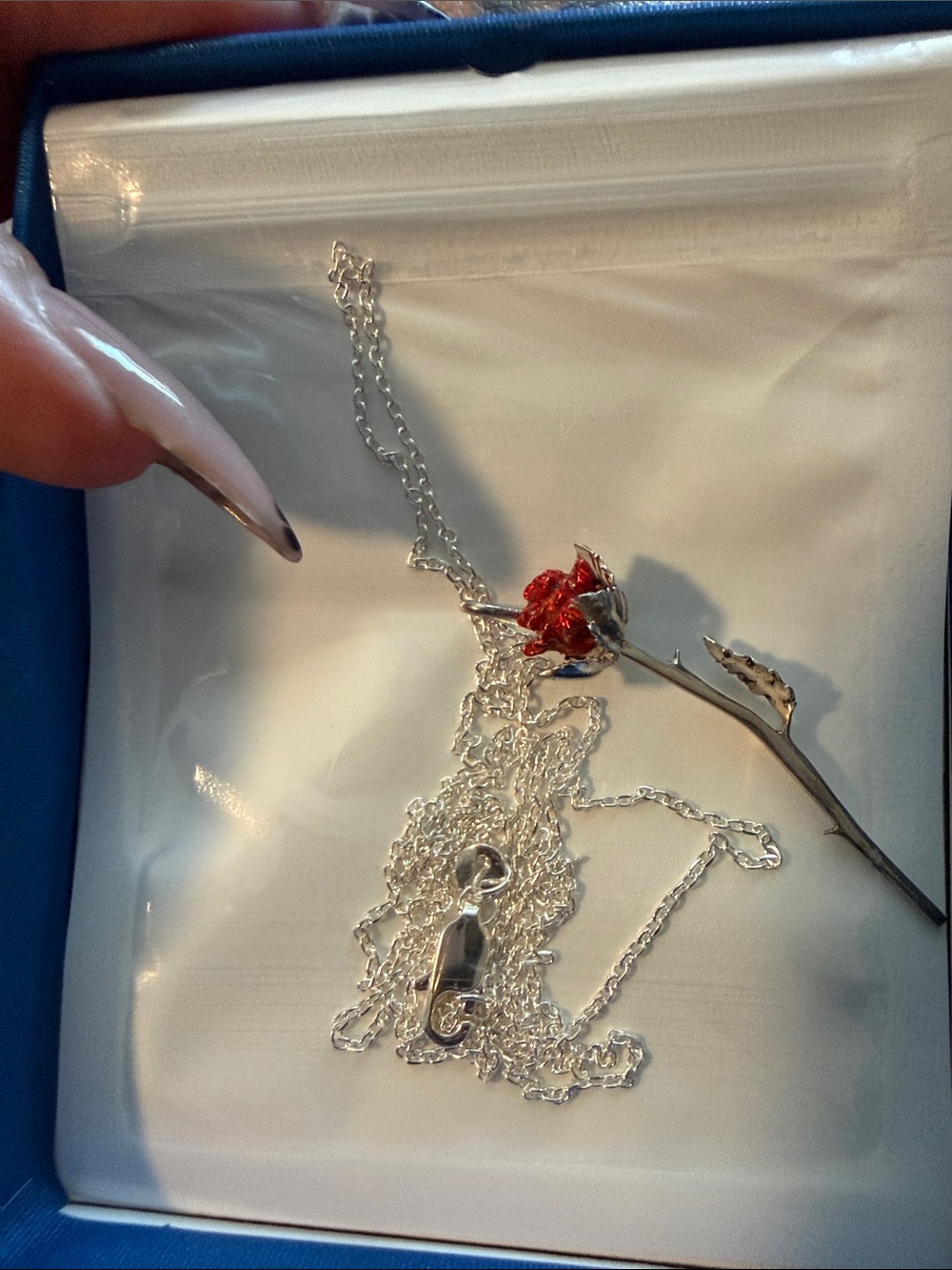 Silver Chain Necklace with Red Rose Pendant - Elegant Women's Jewelry